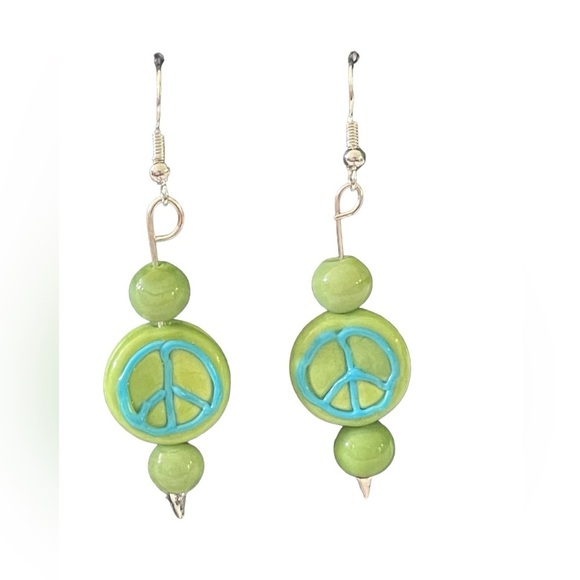 Handcrafted Green Peace Sign Pierced Earrings - Picture 2 of 8